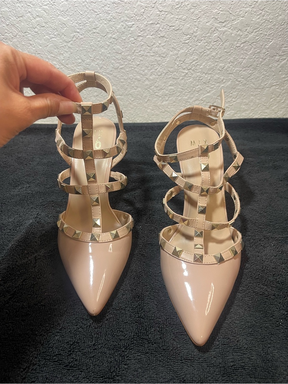 Mix No. 6 Nude Patent Pointed-Toe Studded Strappy Heels